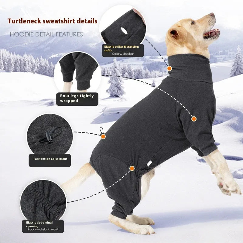 Four-legged polar fleece dog suit with high collar in dark grey colour on a medium-sized dog