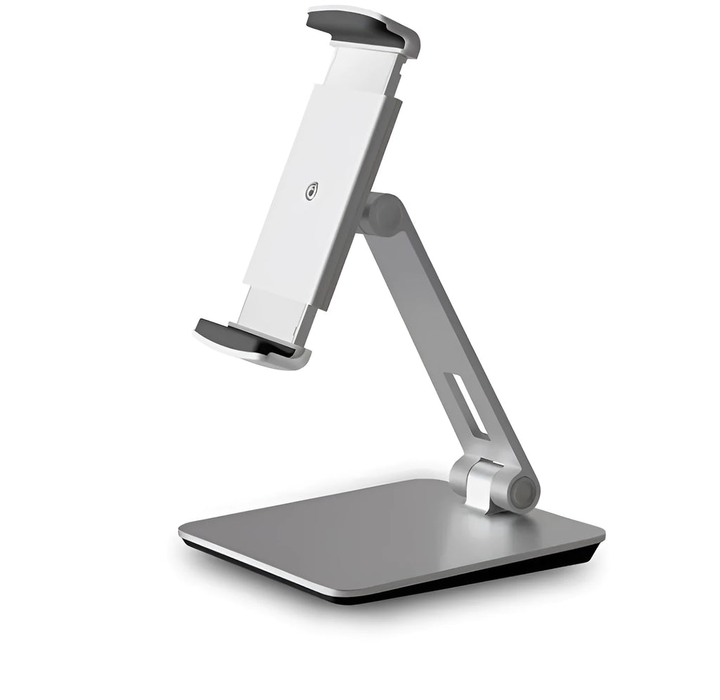 Folding aluminium desktop stand holding a tablet, showing its 360-degree rotation hinge and black/silver colour options.