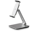 Folding aluminium desktop stand holding a tablet, showing its 360-degree rotation hinge and black/silver colour options.