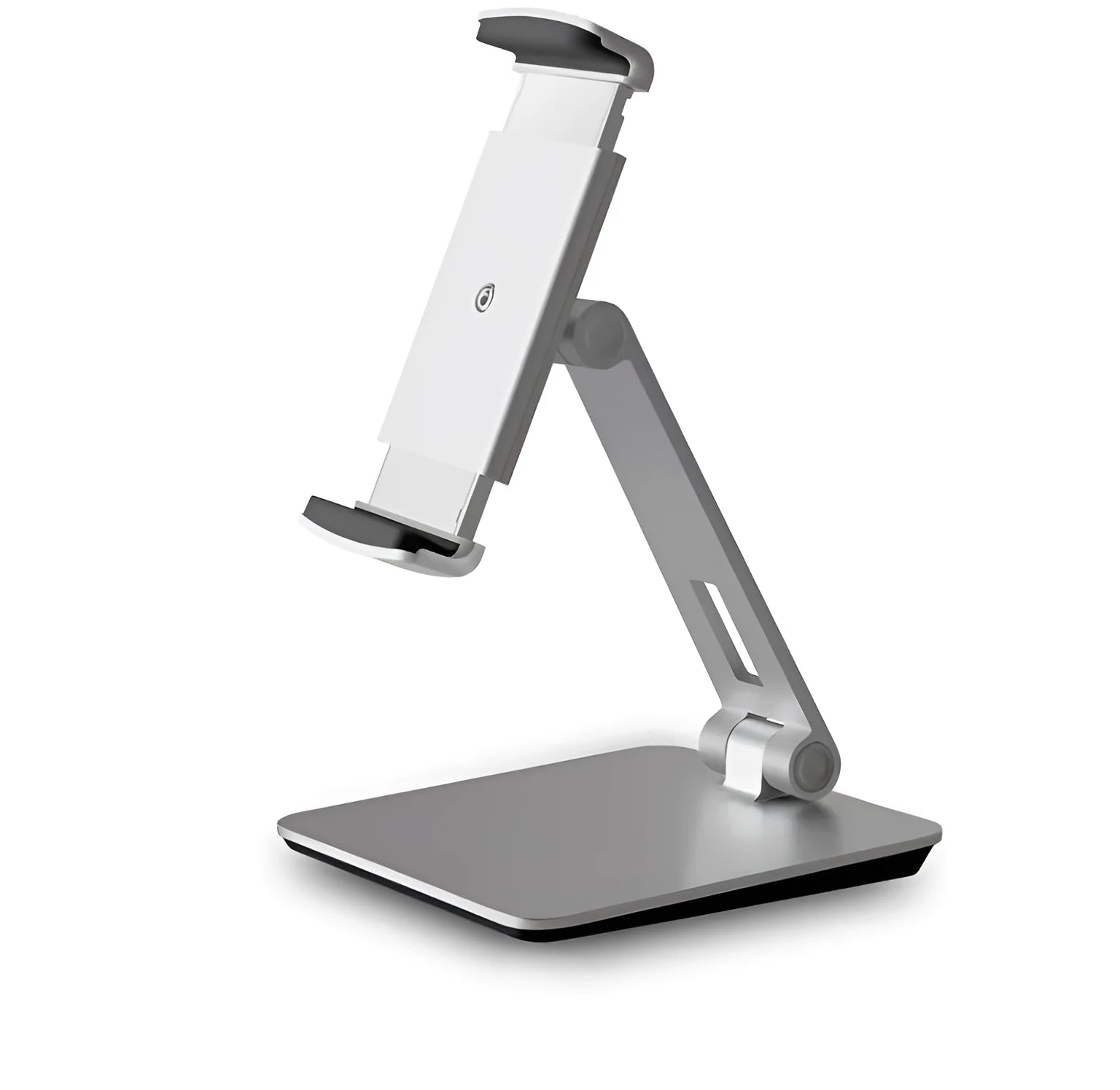 Folding aluminium desktop stand holding a tablet, showing its 360-degree rotation hinge and black/silver colour options.