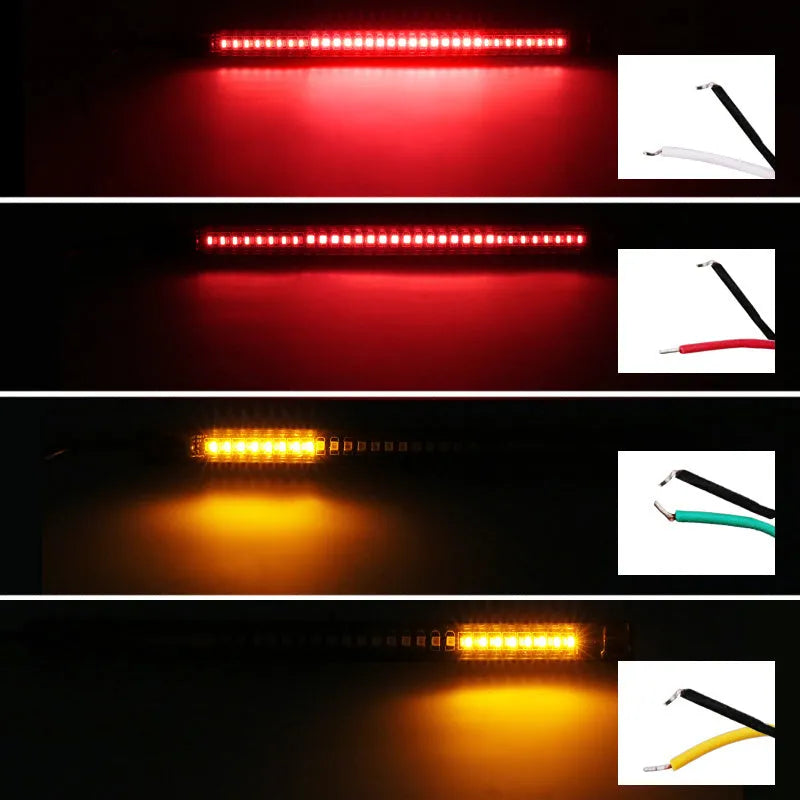 Universal flexible 48 SMD LED motorcycle tail light strip with red brake and amber turn signal LEDs, waterproof 12V
