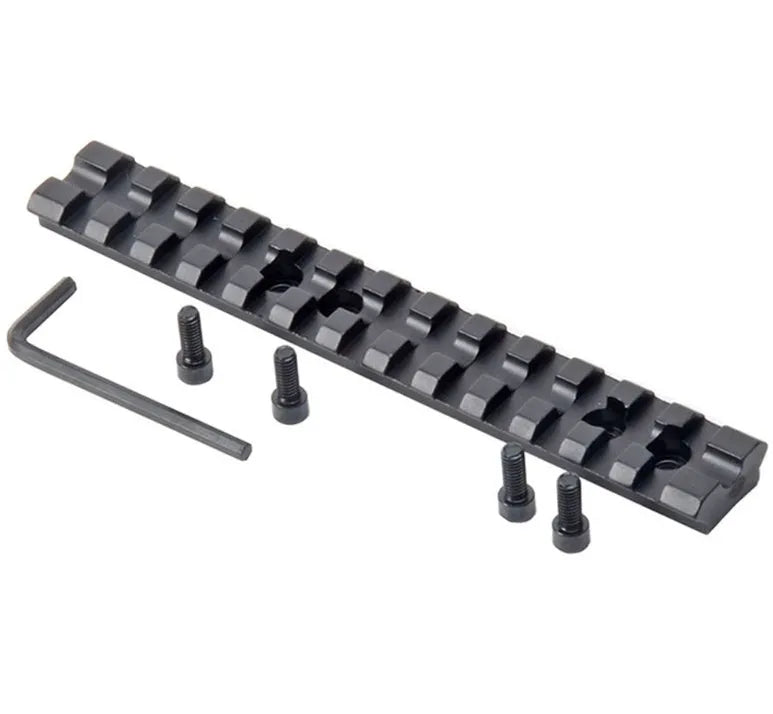 Black aluminium shotgun scope mount with 140mm rail showing 13 adjustment slots and included allen key