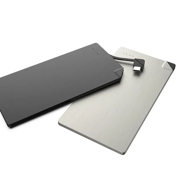 Silver slim graphene battery power bank showing side profile and dimensions.