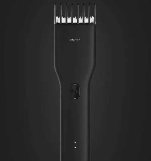 Black cordless electric hair clippers with ceramic blade and adjustable comb on a white background