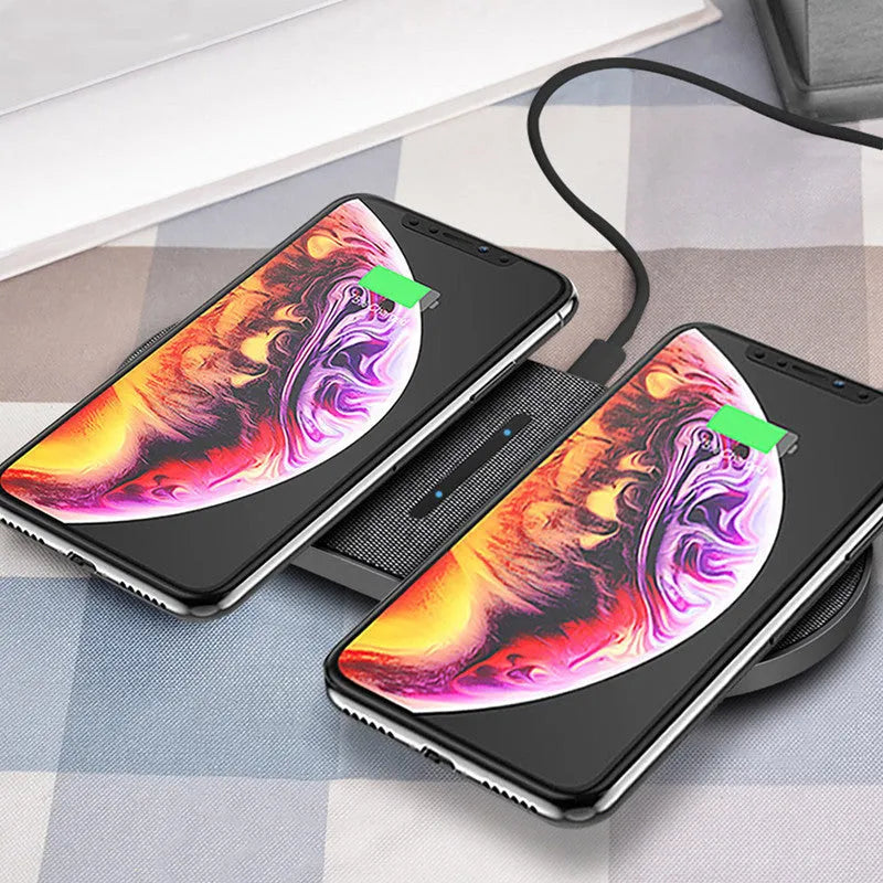 Black dual station wireless charger with two charging pads and indicator lights