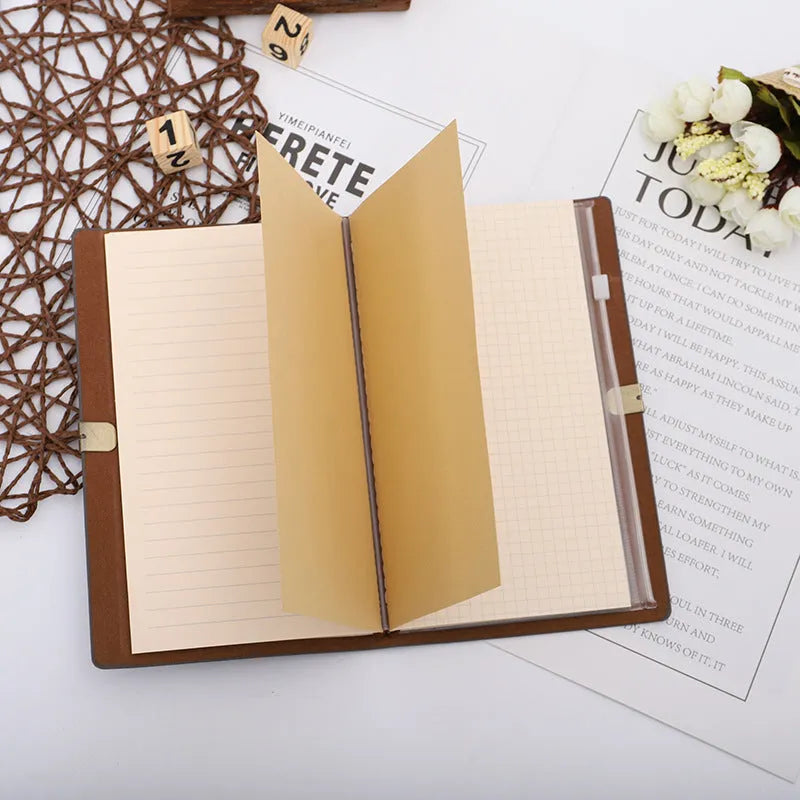 Grey cowhide rope bound A6 diary notebook open to show inner pages.