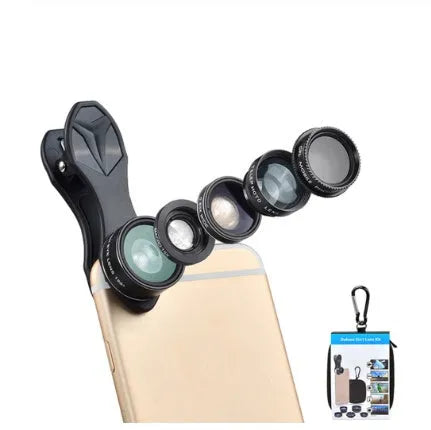 Universal 5-in-1 clip-on smartphone lens kit with fisheye, wide-angle, macro, telephoto, and CPL lenses on a black background.