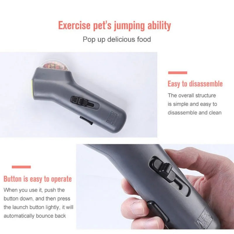 Grey plastic pet snack catapult launcher toy with a handle for dog and cat interactive training.