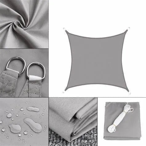 Curved square blue polyester shade sail measuring 3 by 4 metres for outdoor UV protection.