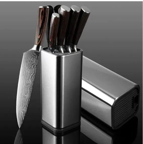 Stainless steel kitchen tool holder with detachable base, storing knives and utensils