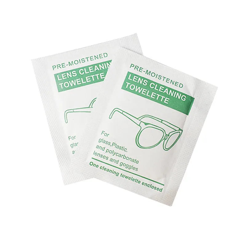 Pack of 100 individually wrapped optical cleaning wipes for glasses, lenses, and screens.