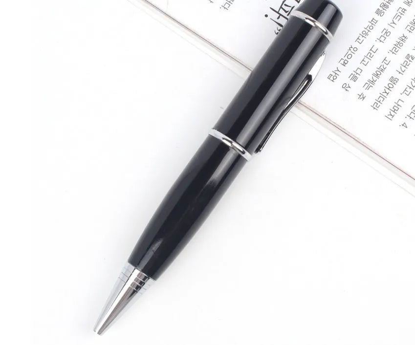 Multi-function metal USB flash drive pen with laser pointer, 16GB capacity, black, on white background