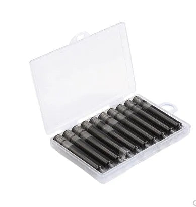 Ten steel ink sacs with screw-in fittings for fountain pen repair on a white background.