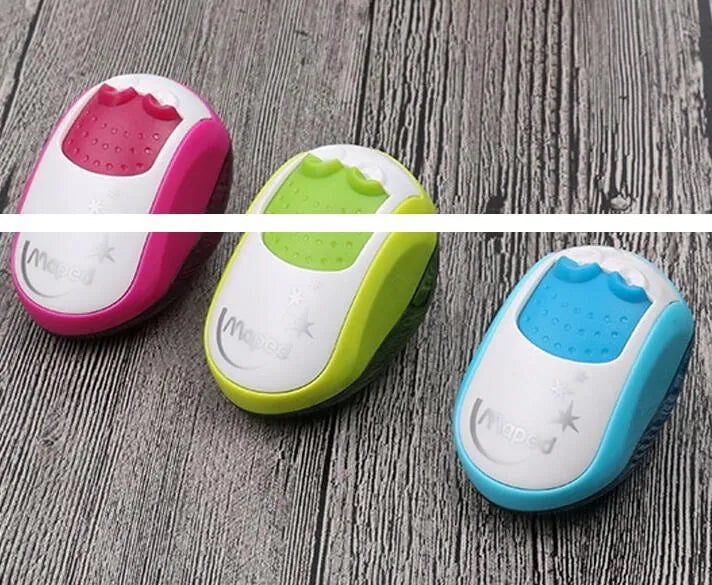 Double hole manual pencil sharpener for standard and thick pencils in a random colour