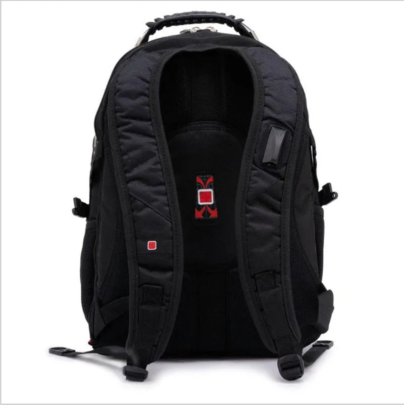 Black business computer backpack showing multiple compartments and organiser pockets.