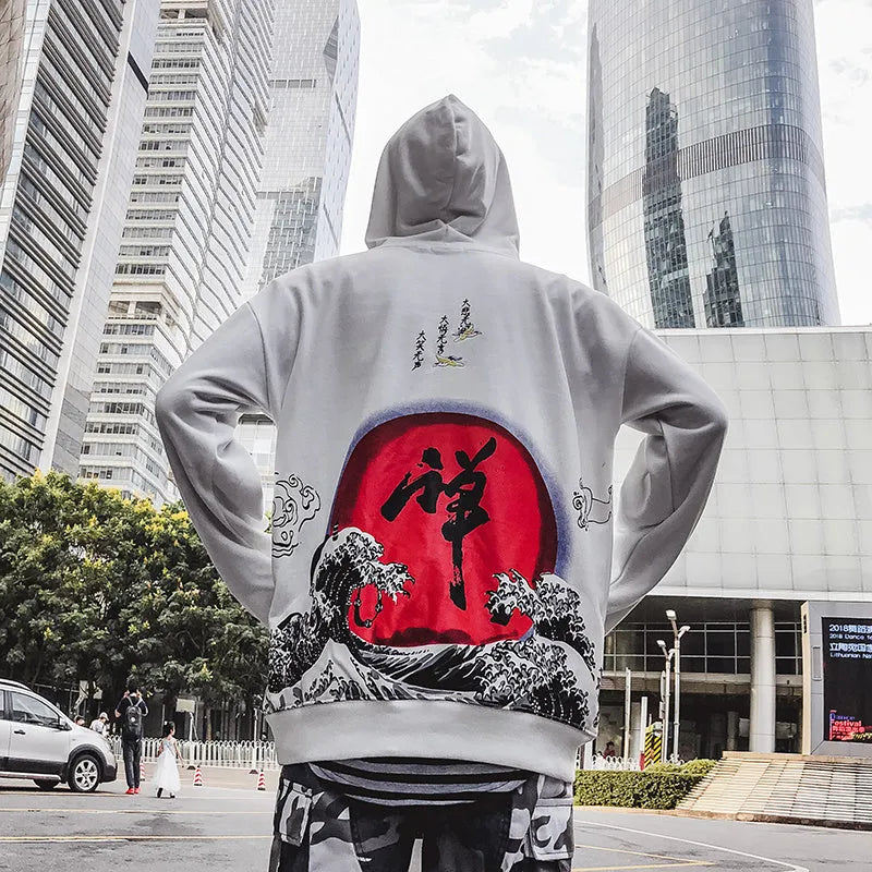 Men hooded sweatshirt loose fit digital print polyester black white casual sports top