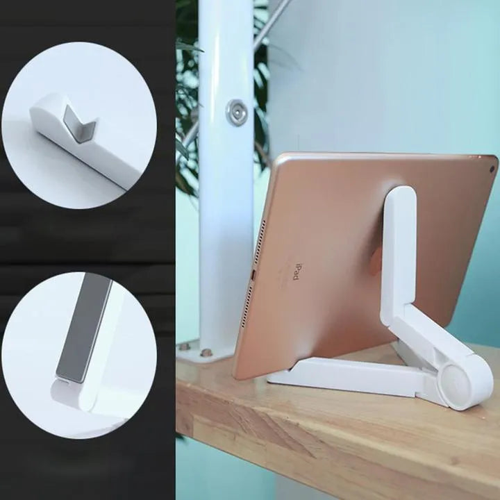 Black foldable tablet holder standing upright with a tablet in landscape mode on a desk