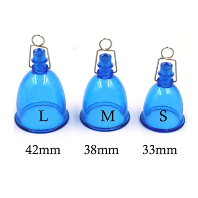 Blue silicone male masturbator cup showing physical stretch exerciser design in three sizes: small S, medium M, large L
