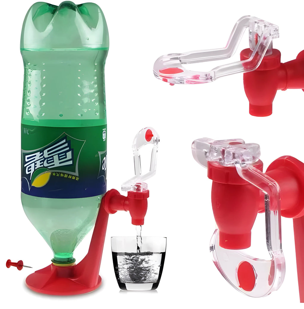 Red plastic Magic Tap soda drink dispenser attached to an inverted 2-litre bottle