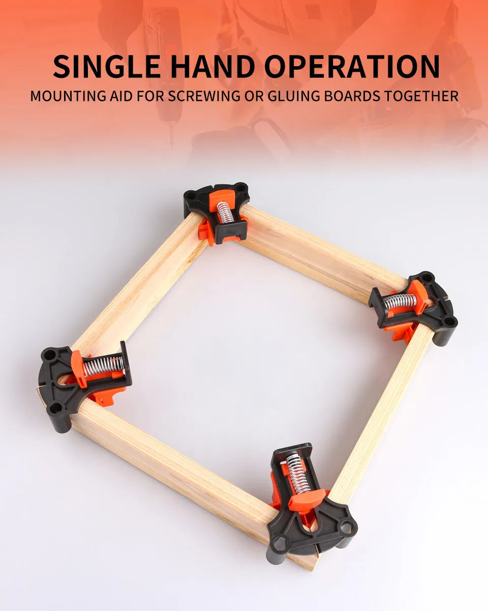Set of four plastic right-angle clamps for woodworking and picture frame assembly.