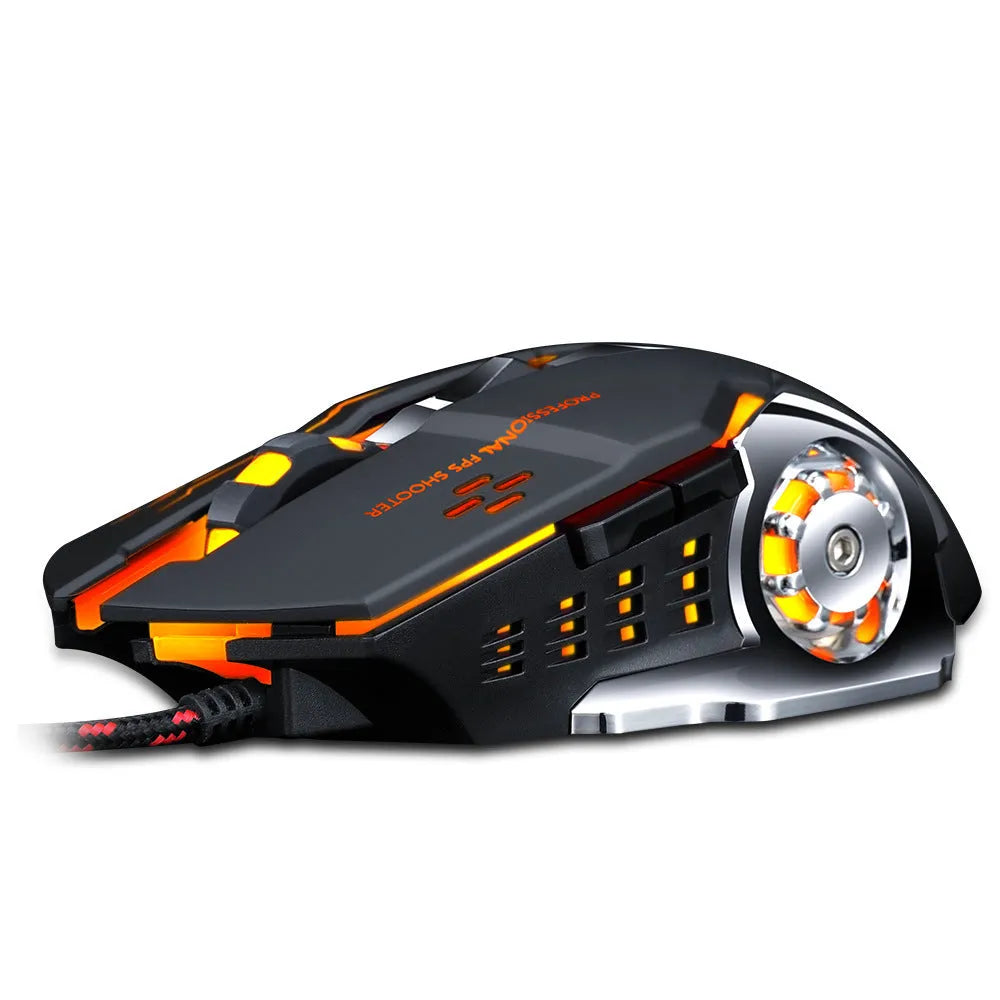 Wired gaming mouse with 1600dpi optical sensor, six buttons, USB cable, shown in black, blue, grey, and white