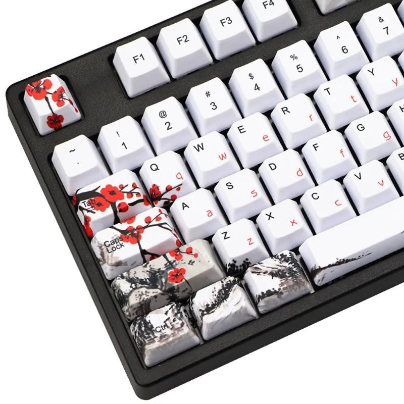 PBT keycap set with Wangjiang plum blossom design showing five-sided sublimation printing on OEM height keycaps