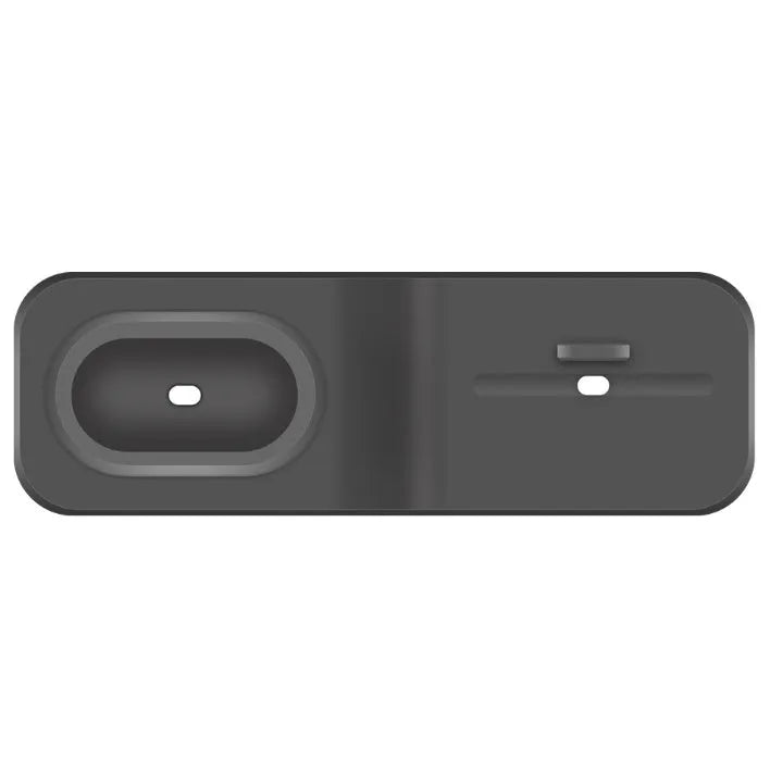 Black geometric 3-in-1 charging station for Apple devices showing iPhone, iwatch and AirPods charging slots
