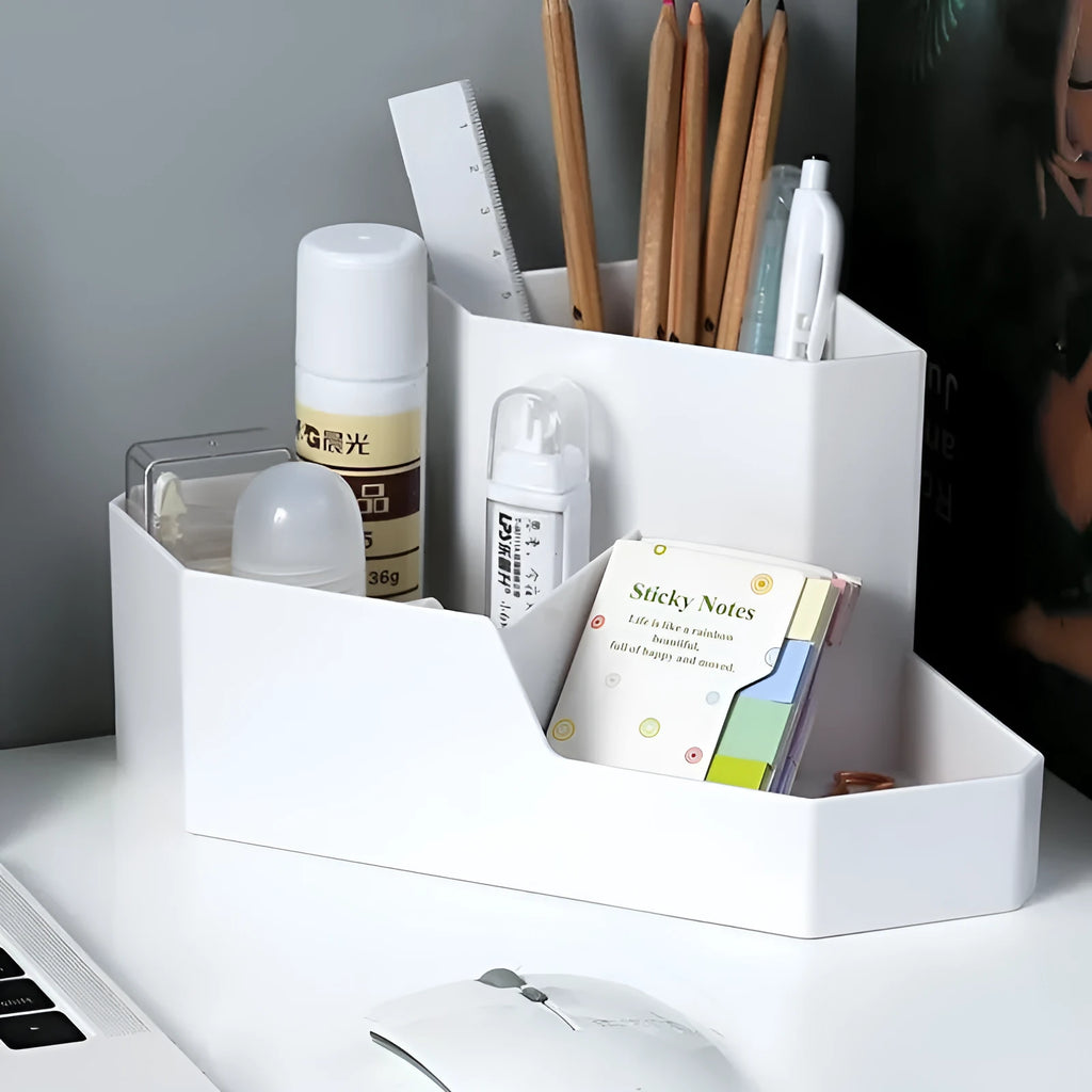 Multi-grid corner storage box in grey, made from ABS material, with distinct high and low compartments