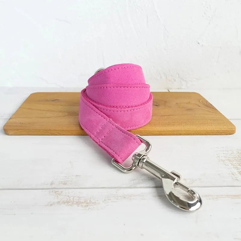 Pink velvet dog collar leash set on white background adjustable sizes XS to XL