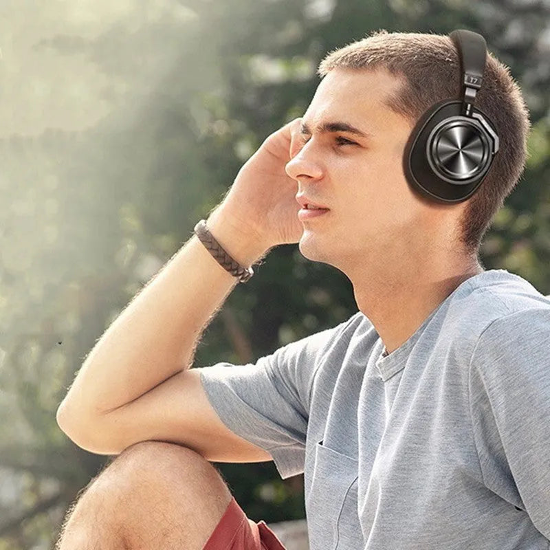 Black wireless Bluetooth 5.0 noise reduction headset over ear with mic bilateral stereo 10 metre range battery display