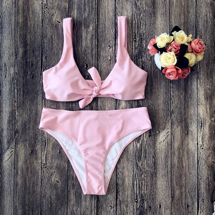 Women's polyester bikini swimwear set in black, pink, red, white, or wine red with bra and briefs