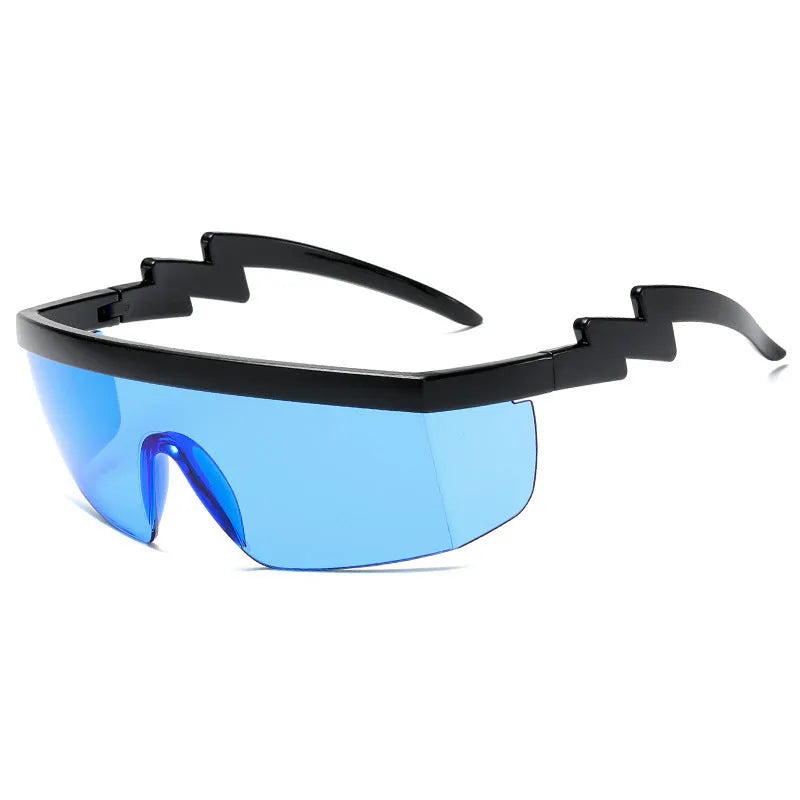 One-piece sports sunglasses with lightning leg temple design in black frame with blue polycarbonate lenses