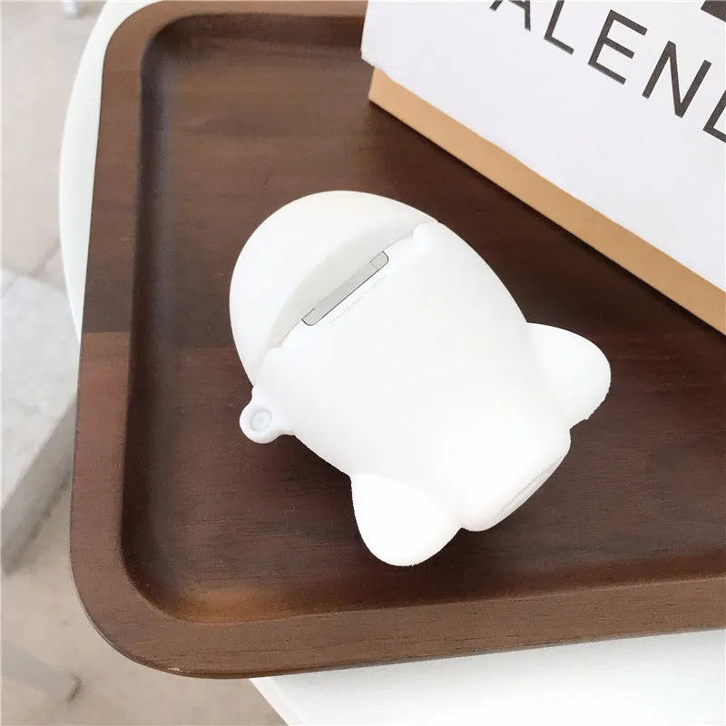 Blue silicone flip case for AirPods with cartoon airplane design and metal carrying hook.