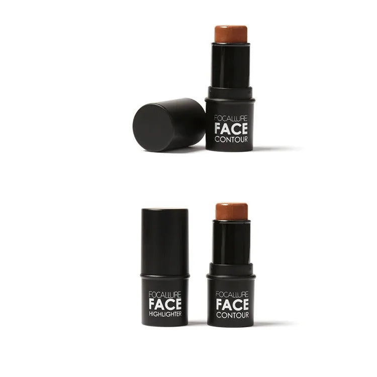Face contour highlighter makeup product with attached brush applicator, shown in four colour shades.