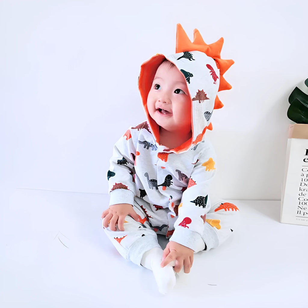 Dinosaur baby bodysuit long sleeve hooded cotton romper in grey, blue, or pink, sizes 66-90 yards