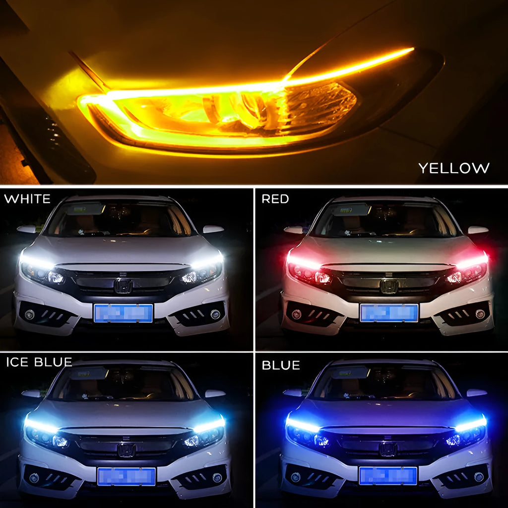 Flexible silicone car LED light strip for daytime running lights and animated turn signals.