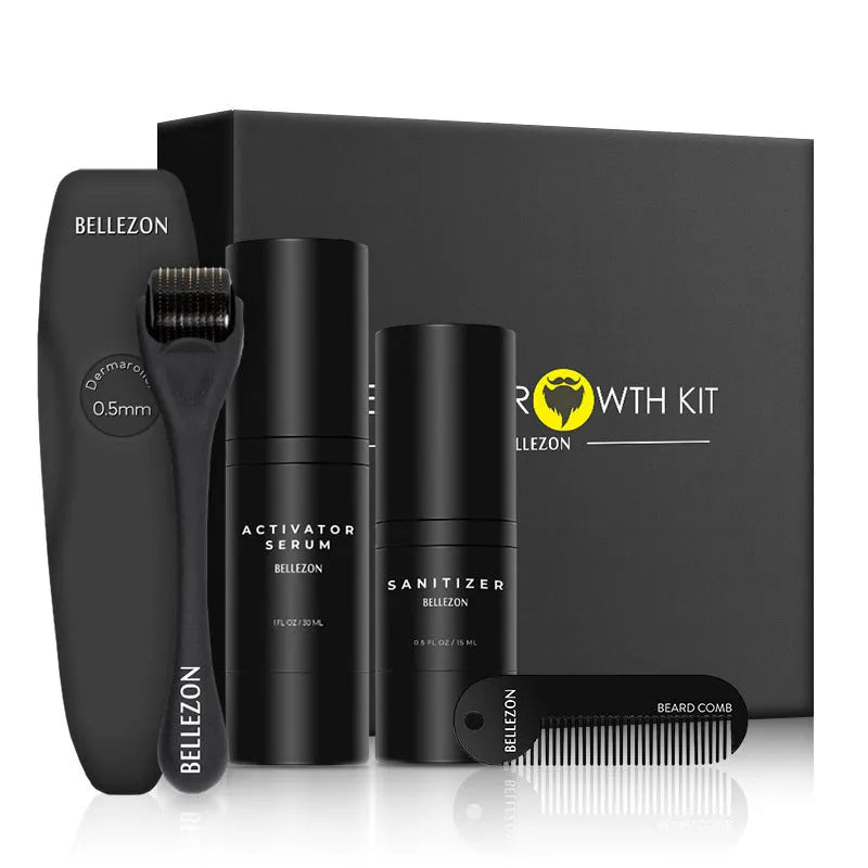 Black beard care kit with titanium alloy micro-needle roller, zinc alloy comb, 30ml growth essence and 15ml disinfectant, 21.2cm x 21cm x 4.9cm