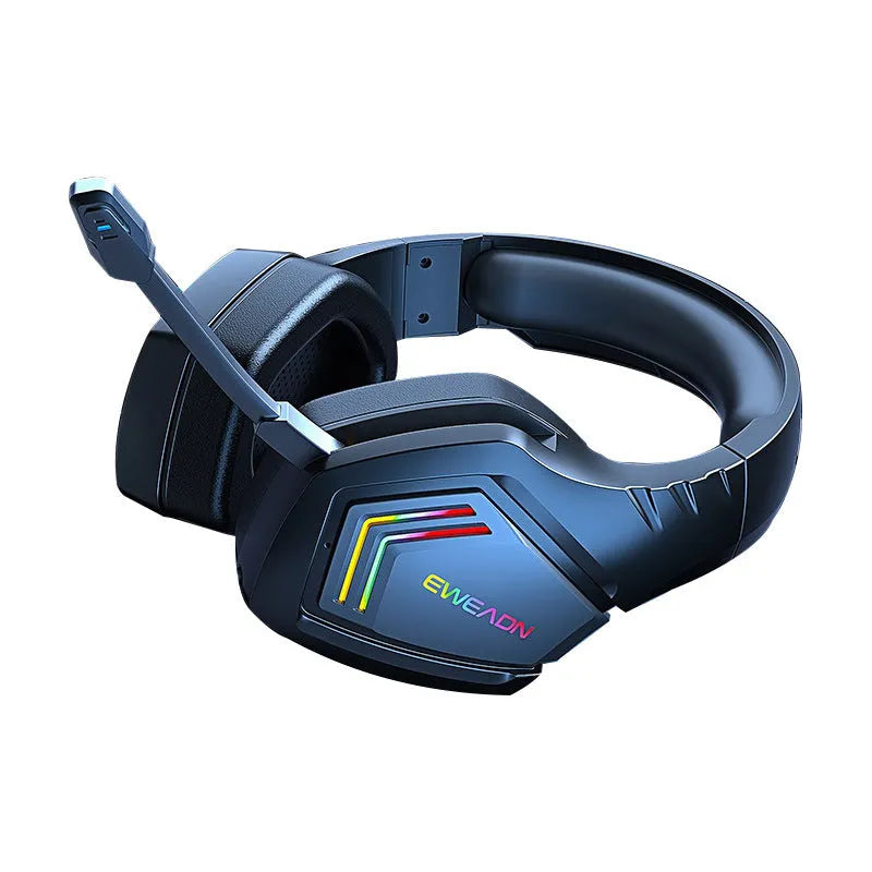 Black wireless Bluetooth headset with RGB lighting on the ear cups, worn over the head.