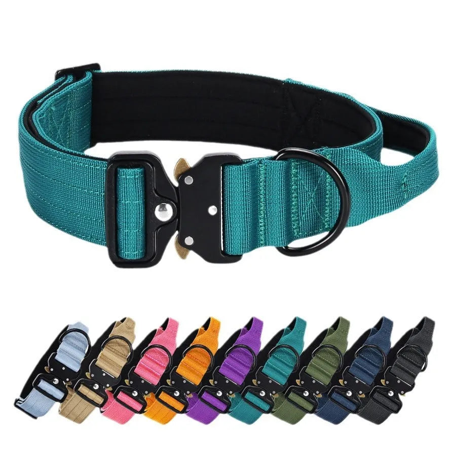 Explosion-proof handle dog collar in nylon, 1.5-inch width, M 38-46cm to XL 47-65cm, monochrome design