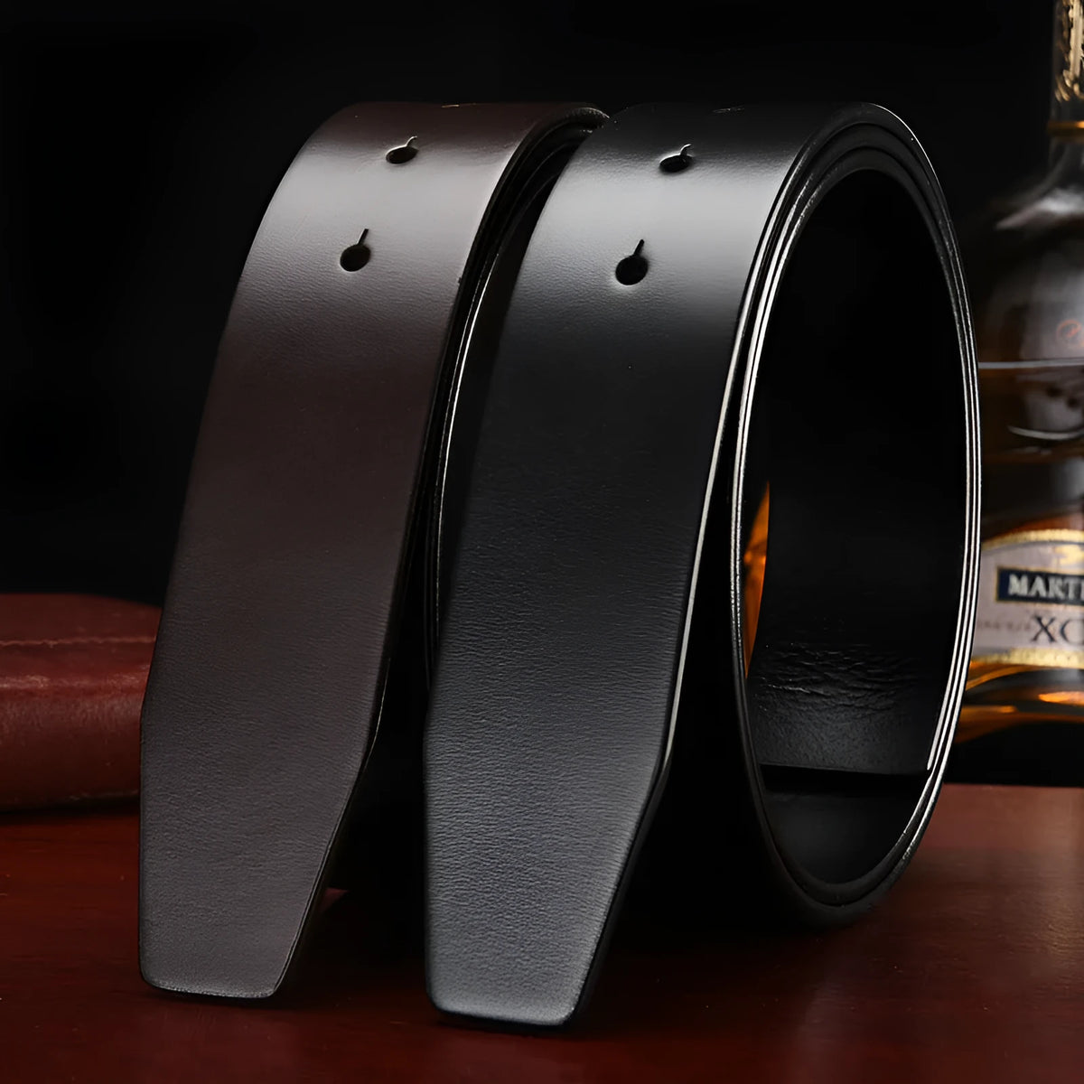 Men's headless buckle leather belt, first layer cowhide, 3.5cm wide, shown in black and coffee colour