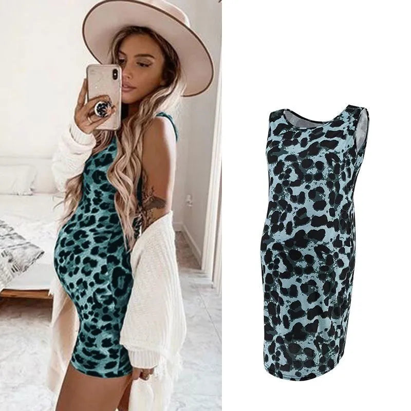 Maternity leopard print sleeveless v-neck midi dress in brown for pregnant women