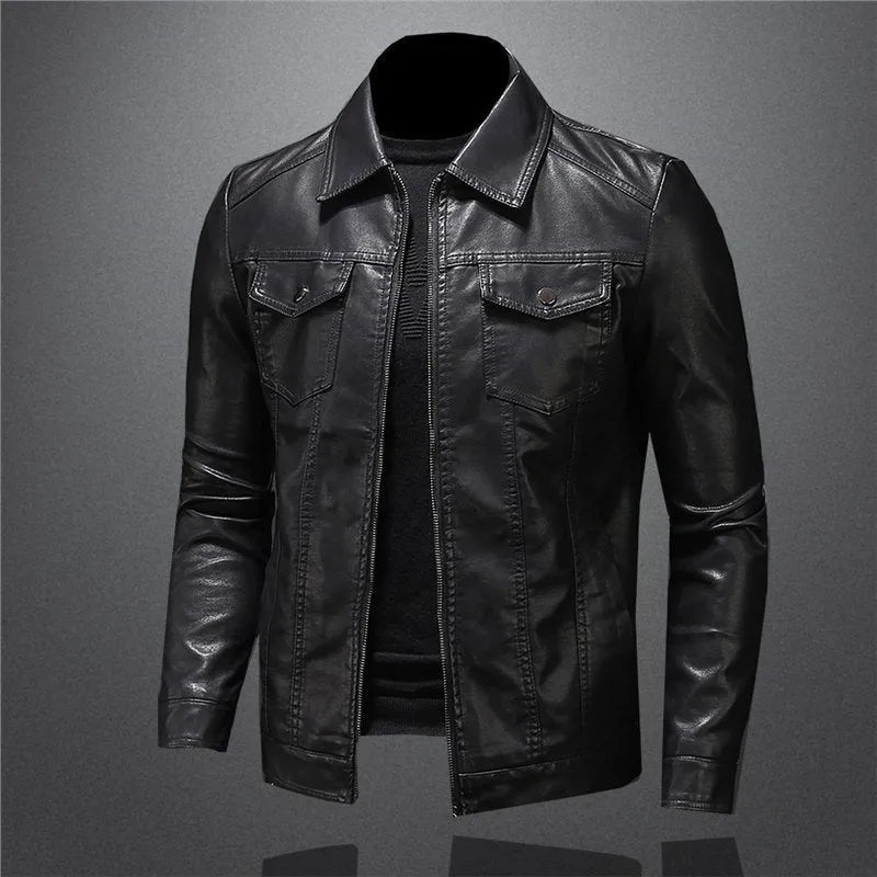 Men's thin artificial leather motorcycle jacket in black with zipper and loose fit