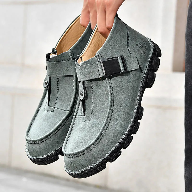 Men's black handmade stitch slip-on casual lazy shoes with a synthetic leather upper