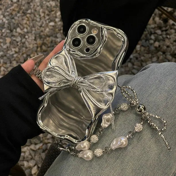 Bow design phone case with lanyard for iPhone 13 Pro in single shell bracelet colour