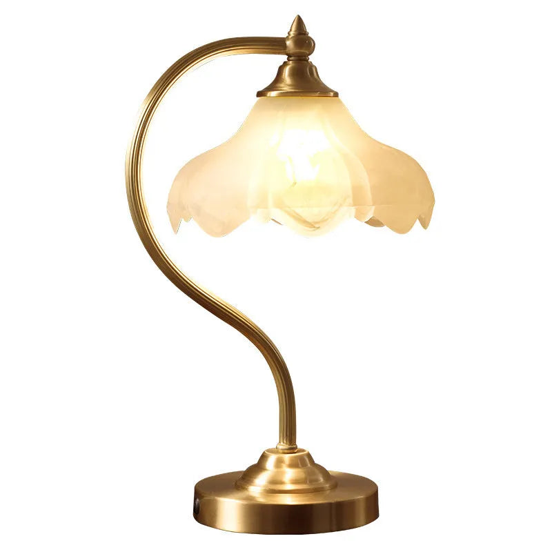 Gold copper and glass bedside lamp 23cm diameter 42cm height on table