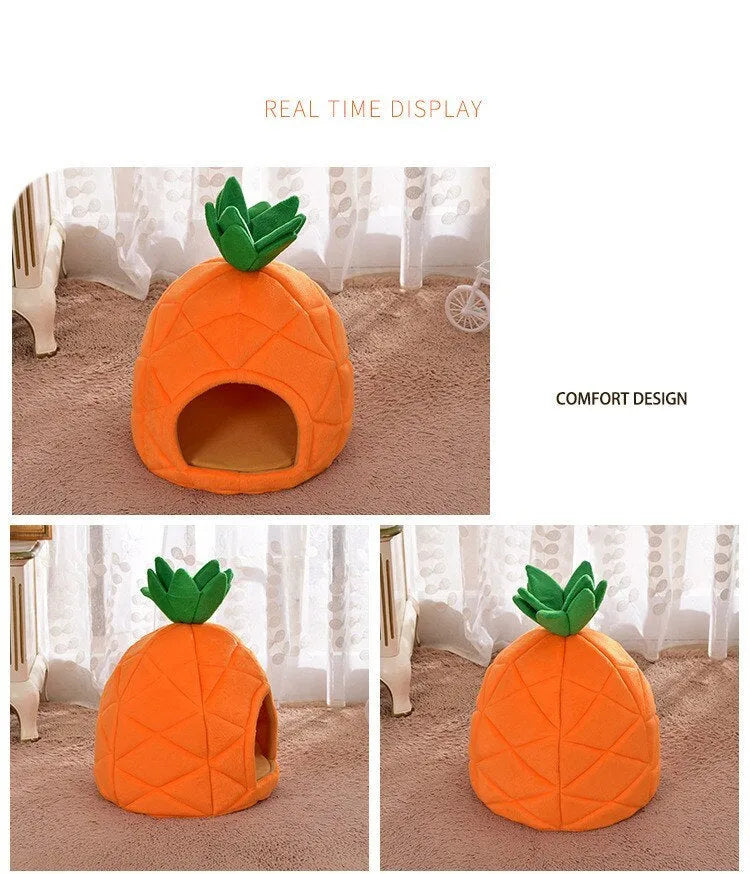 Orange pineapple trumpet pet bed in cloth, sizes S and L, with anti-slip bottom option for small pets.