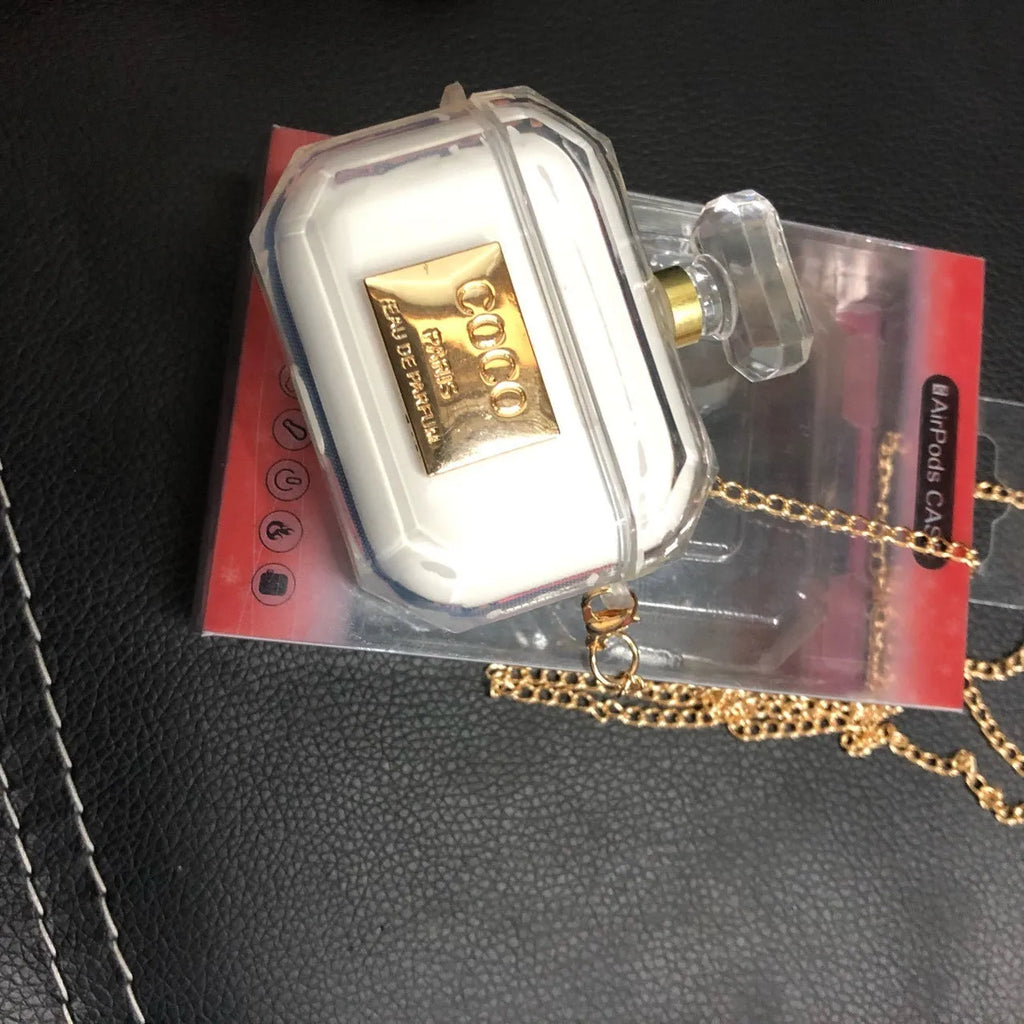 White perfume bottle design silicone case cover for Apple AirPods Pro and AirPods 3 charging box.