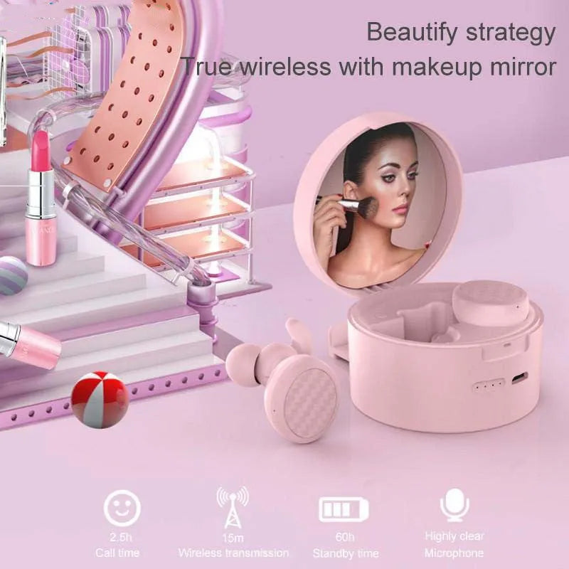 Bluetooth makeup mirror headset V5.0 wireless earpiece in black with stereo voice control and built-in mirror