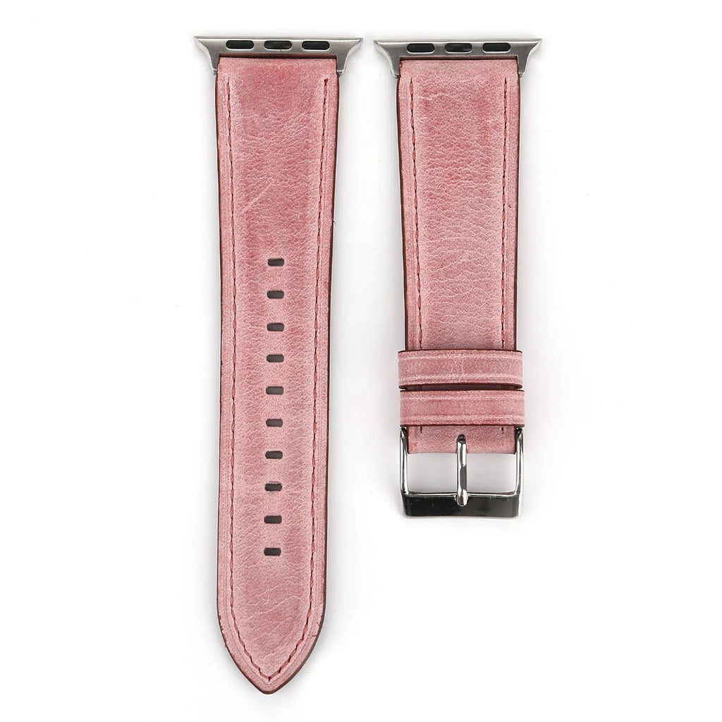 Genuine leather strap with folding buckle in multiple colours including blue, brown, and pink.