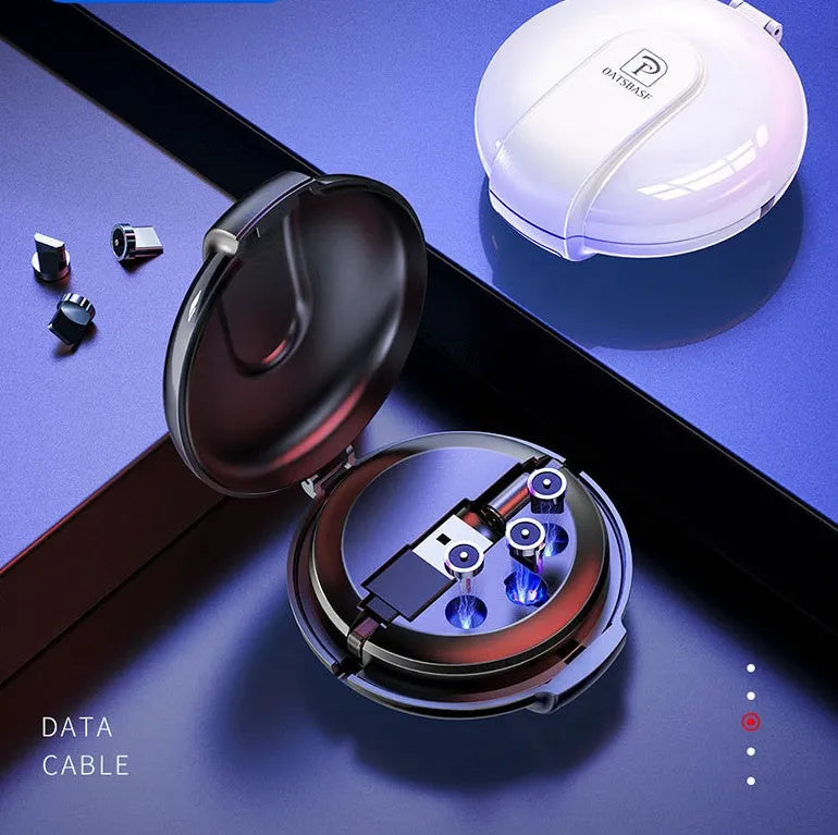 Black magnetic retractable style 3-in-1 charger with car mounting patch and retractable cable